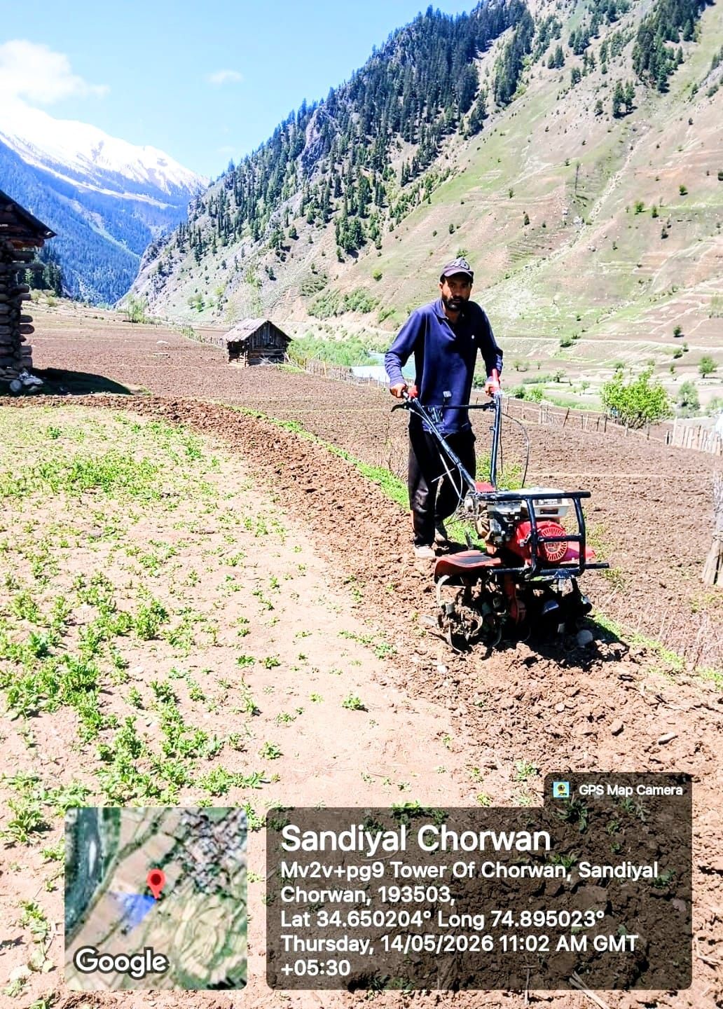 Farmer using CHC power tiller at Sandiyal Chorwan, Gurez Valley